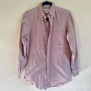 Red white pinstriped broadcloth casual button down long sleeve cotton shirt